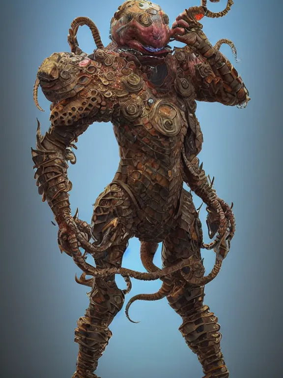 Image similar to full body frontview portrait of a fighter in octopus - like - armour, character design, designed in blender, 8 k hd, octane render, intricate and highly detailed, coloured with lots of colour, pose, fantasy, sharp focus, volumetric lighting