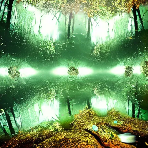 Image similar to ultra realistic beautiful underwater sakura forest clearing techno art