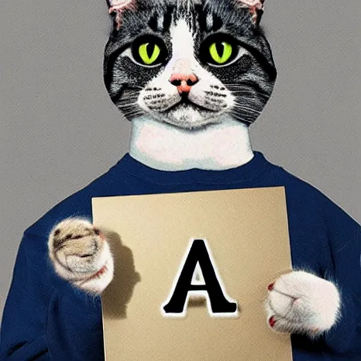 Prompt: cat holding letters falc, f a l c, o n i, falconi, ultra realism