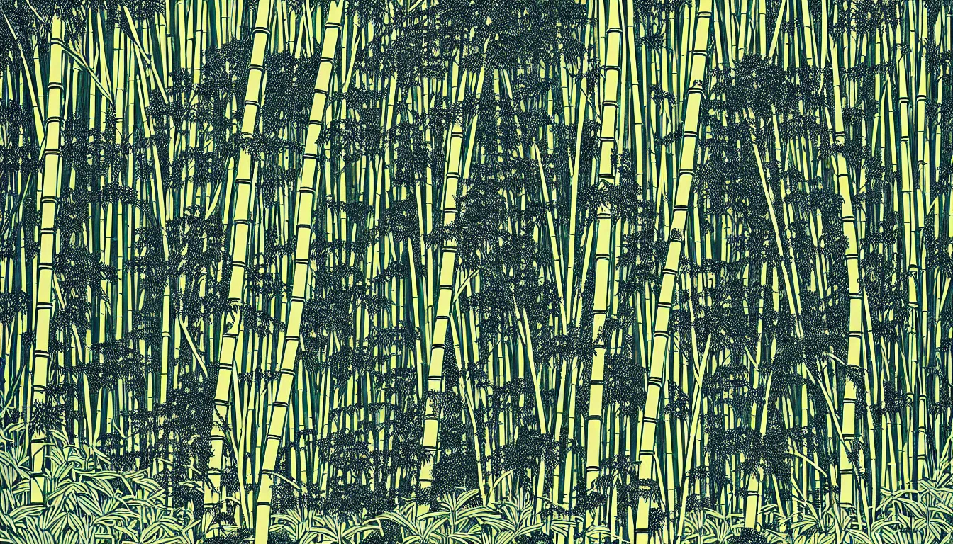 Image similar to bamboo and fern forest by woodblock print, nicolas delort, moebius, victo ngai, josan gonzalez, kilian eng