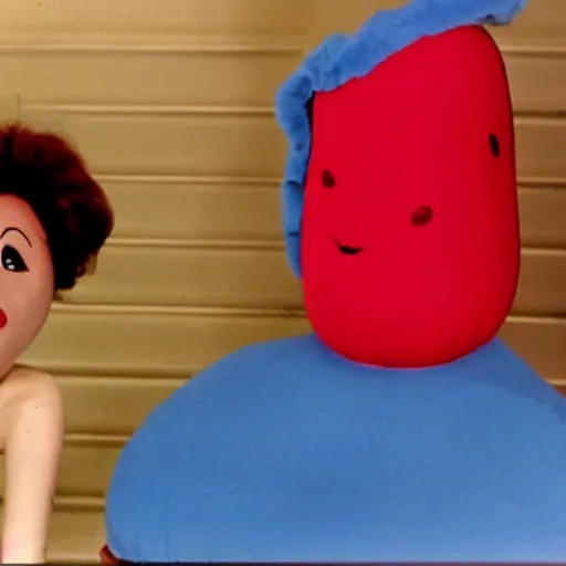 Image similar to still from a 1 9 8 8 david lynch film about a depressed housewife wearing an inflatable cartoon face as she meets a handsome younger man in a seedy motel