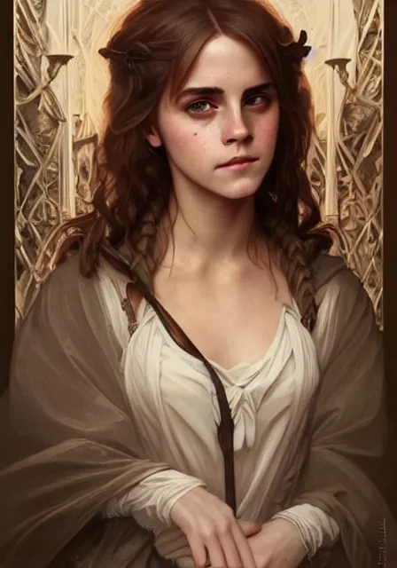 Image similar to emma watson hermione magic gothic, intricate, elegant, highly detailed, digital painting, artstation, concept art, smooth, sharp focus, illustration, art by artgerm and greg rutkowski and alphonse mucha and william - adolphe bouguereau