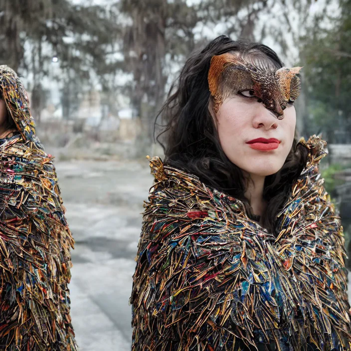 Prompt: a closeup portrait of a woman wearing a cloak made of birds, in an abandoned theme park, by omar z. robles, canon eos c 3 0 0, ƒ 1. 8, 3 5 mm, 8 k, medium - format print