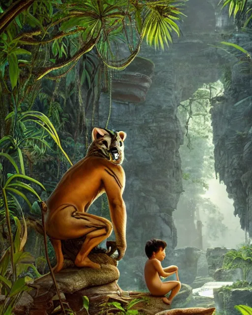 Image similar to still from the jungle book if made by elon musk and bill gates, portrait, illustration, rim light, top light, summer clear blue sky, perfectly shaded, soft painting, epic, intricate, art