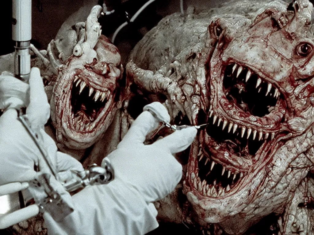 Image similar to movie still b - grade horror film budget production dentist wearing a facemask drilling the teeth of a very scary dangerous biomechanical crocodile creature made of bone, bulging wide eyes, wes craven stanley kubrick david cronenberg george a romero guillermo del toro sharp focus