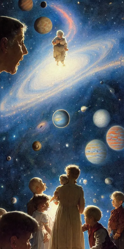 Image similar to a mother a father and 8 children looking at the wall of their bedroom and seeing the universe full of galaxies and planets, imagination, part by norman rockwell, part by greg rutkowski, part by mattias adolfsson, high angle, ( ( ( ( volumetric lighting ) ) ) ), oil on canvas