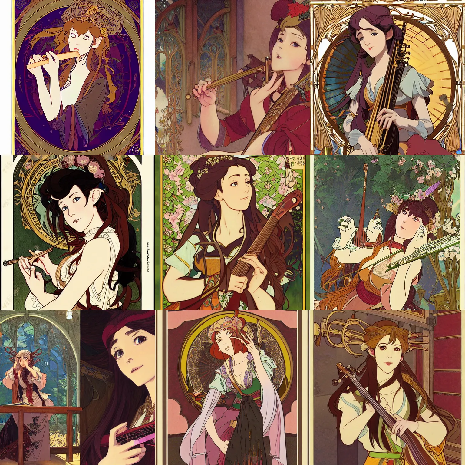 Prompt: Portrait of a female elven bard playing a song in a tavern, fantasy, defined facial features, highly detailed, cel illustration, Kyoto Animation and Studio Ghibli anime screenshot, by Ilya Kuvshinov and Alphonse Mucha