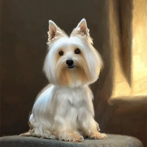 Prompt: white yorkshire terrier sitting on throne, portrait art by donato giancola and greg rutkowski, realistic face, digital art, trending on artstation, symmetry