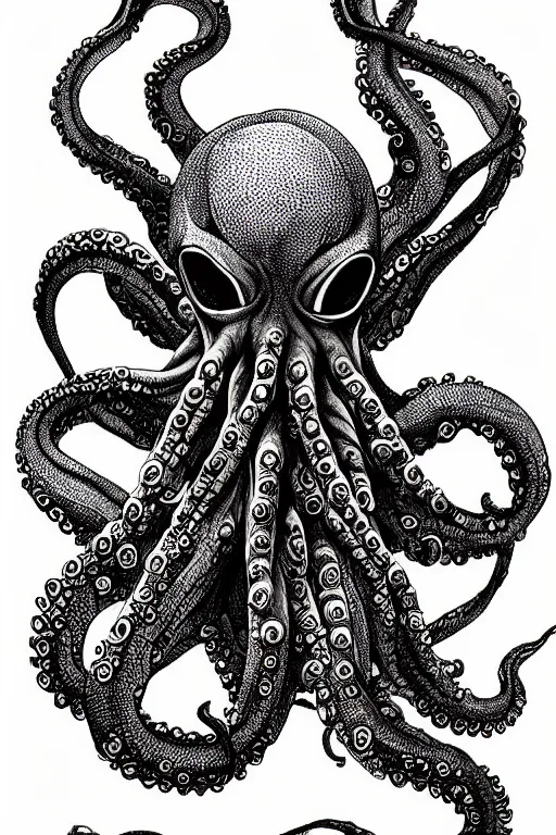 Image similar to black ink on paper, alien octopus, trending on artstation, beautiful, intricate, detailed