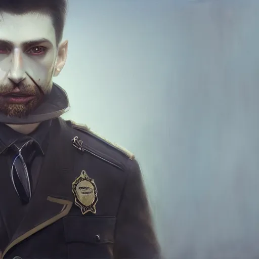 Image similar to portrait painting of a vampire police officer with pale skin short blond hair and a patchy beard, ultra realistic, concept art, intricate details, eerie, highly detailed, photorealistic, octane render, 8 k, unreal engine. art by artgerm and greg rutkowski