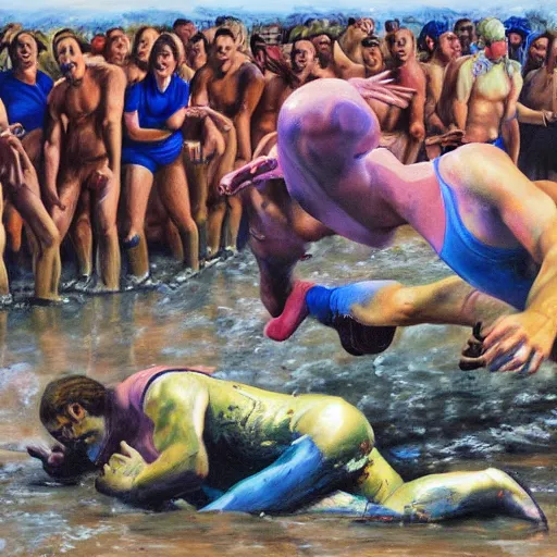 Prompt: 3 drunks fall over mud - wrestling,, oil painted ( ( ( ( ( ( by jeef koons ) ) ) ) ) )