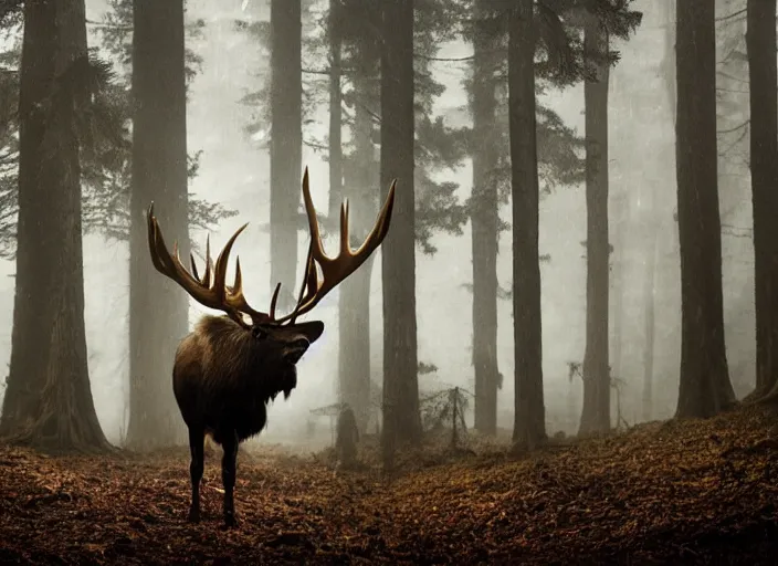 Prompt: an bugling elk with massive antlers in a rainy forest, epic scene, extremely detailed masterpiece, extremely moody lighting, glowing light and shadow, atmospheric, shadowy, cinematic