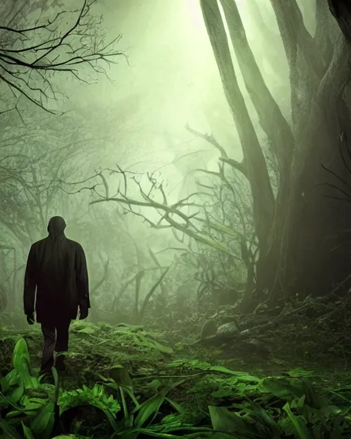 Prompt: a shady, undead man is walking towards a horrific monster in a densely overgrown, eerie jungle, fantasy, stopped in time, dreamlike light incidence, ultra realistic, award winning picture