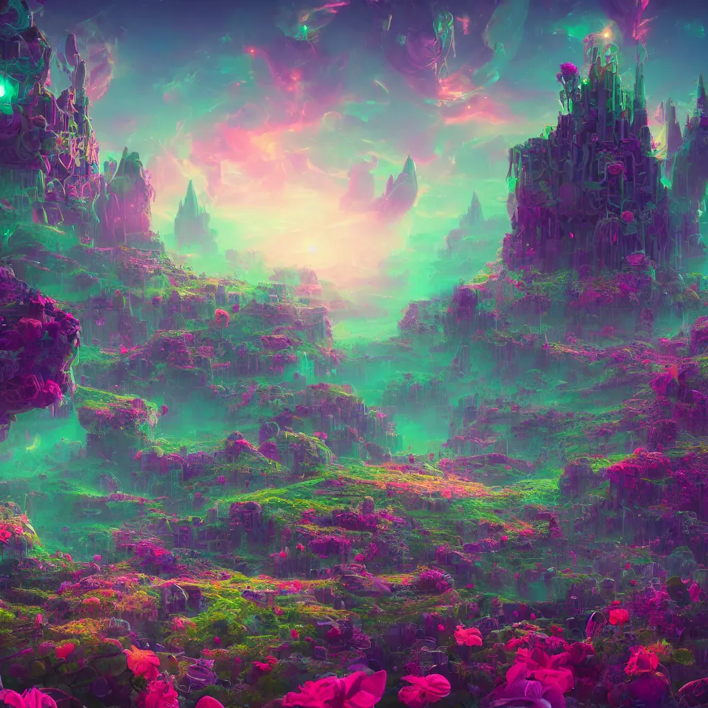 Image similar to concept art, a world full of life divine thrill of the biological tranquil sky, atoms floating, cosmic horror, gothic harts, flowers, artwork by beeple and lisa frank, fantasy art, high - detailed, 8 k, uhd