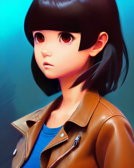 Image similar to real girl dora the explorer wearing leather jacket, fine detail!! anime!! realistic shaded lighting!!, kim hyun joo, digital painting by ilya kuvshinov, magali villeneuve, artgerm, jeremy lipkin and michael garmash and rob rey