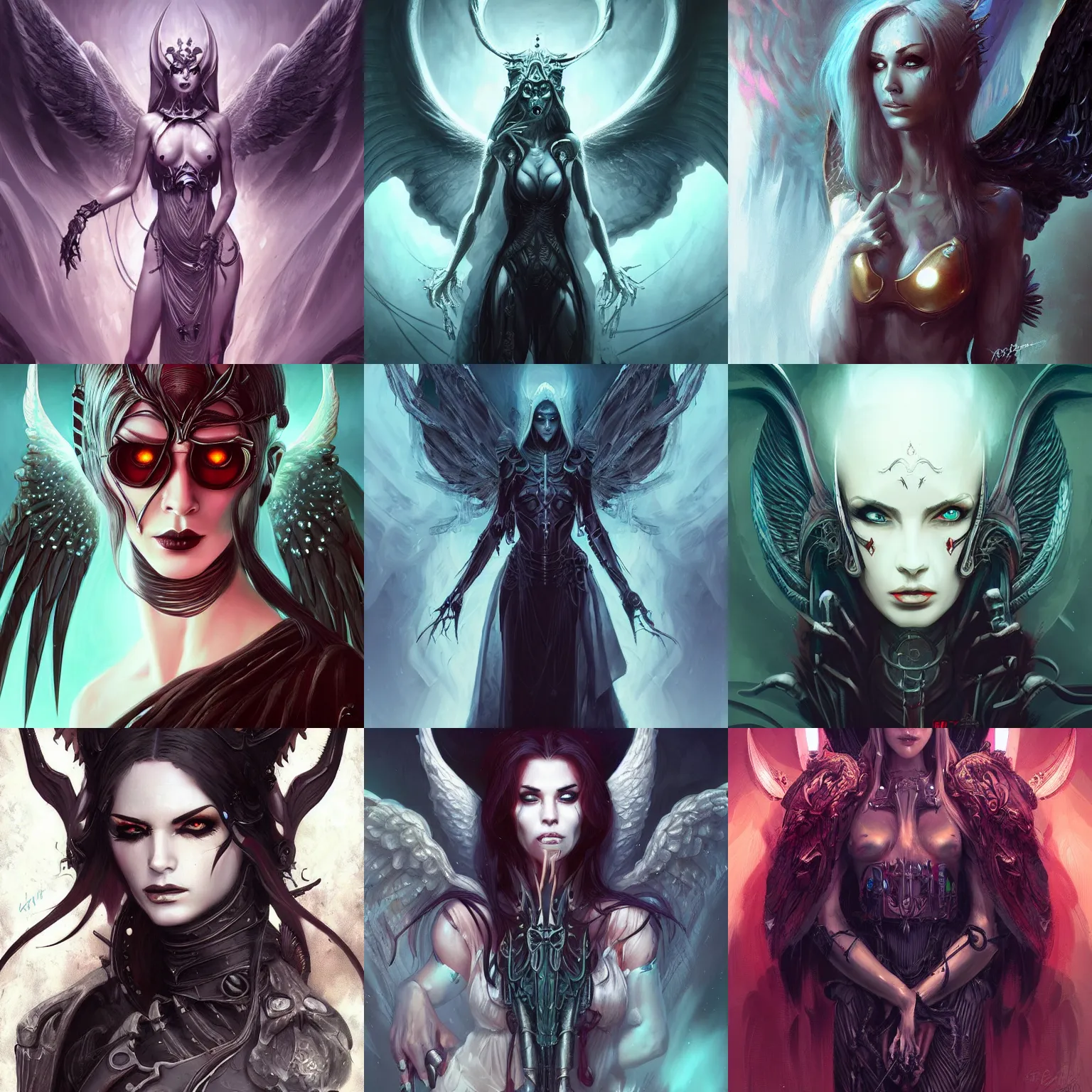 Prompt: female lucifer , angel of death . intricate portrait, occult cyberpunk, ancient futuristic, dark art, occult. by Petros Afshar, by artgerm, by Eddie Mendoza, by Peter mohrbacher