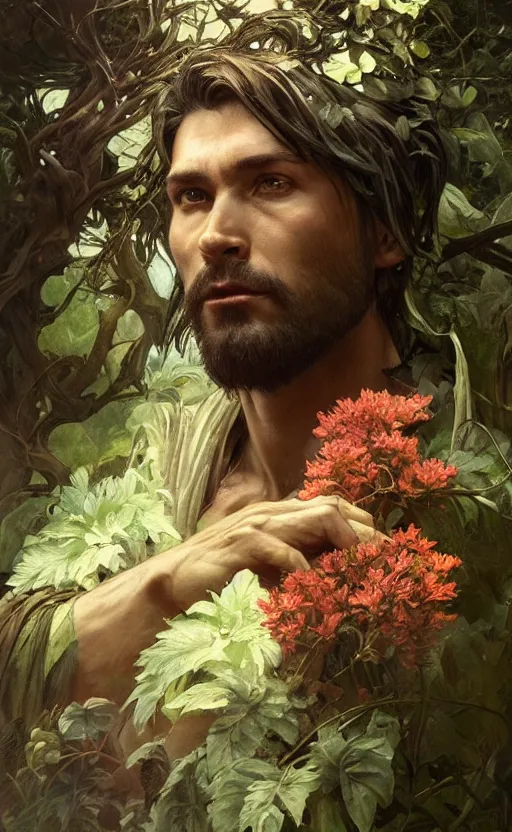 Image similar to god of the forest, 3 0 years old, rugged, handsome, male, detailed face, clean lines, atmospheric lighting, amazing, full body, thighs, flowers, muscular, intricate, highly detailed, digital painting, deviantart, concept art, sharp focus, illustration, art by greg rutkowski and alphonse mucha