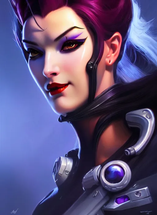 Image similar to lovely widowmaker from overwatch, fantasy, fantasy art, character portrait, portrait, close up, highly detailed, scifi art, intricate detail, amazing detail, sharp focus, vintage fantasy art, vintage sci - fi art, radiant light, trending on artstation, caustics, by boris vallejo