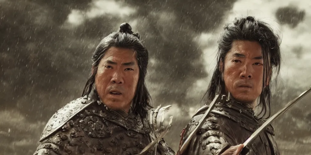 Image similar to a film still of guillermo francella starring as an ancient samurai in a japanese blockbuster film, shallow depth of field, cinematic, award winning cgi, vfx, film still