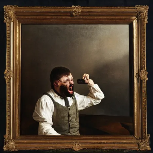 Image similar to an angry man yells at his computer monitor, oil on canvas, 1 8 8 3, highly detailed, high resolution