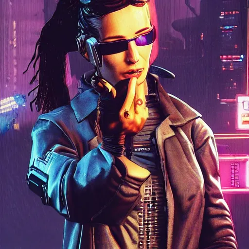 Prompt: Maria. cyberpunk mercenary smoking a cigar. Style of James Gurney and Mœbius. (Cyberpunk 2077. Blade Runner. Apex Legends. The matrix)