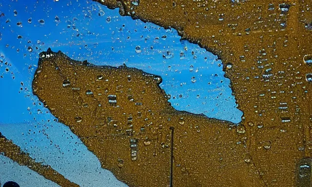 Image similar to beautiful picture of a sunny blue sky with a magical vertical cylindrical tunnel of big upside-down raindrops floating quietly