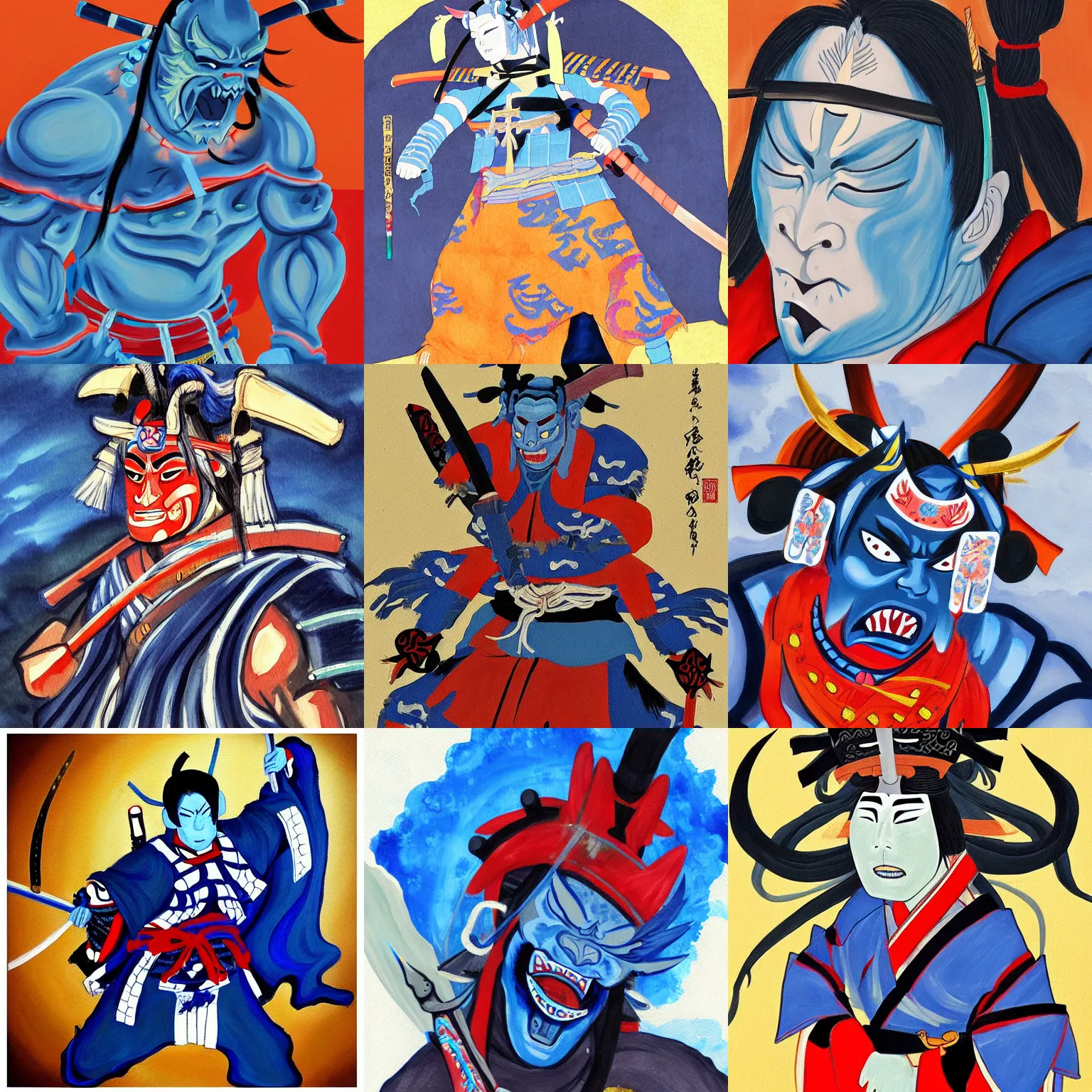 Prompt: a painting of a samurai but a blue oni demon 鬼 👹