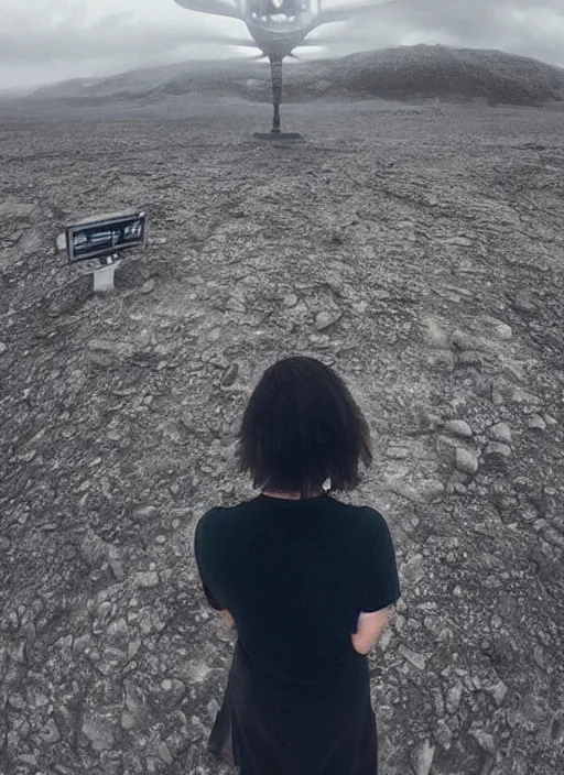 Image similar to front camera instagram selfie of a woman who is stood infront of an alien invasion of the earth, highly detailed, 4k