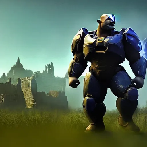 Image similar to shrek as superman in halo 5, splash art, movie still, cinematic lighting, dramatic, octane render, long lens, shallow depth of field, bokeh, anamorphic lens flare, 8 k, hyper detailed, 3 5 mm film grain