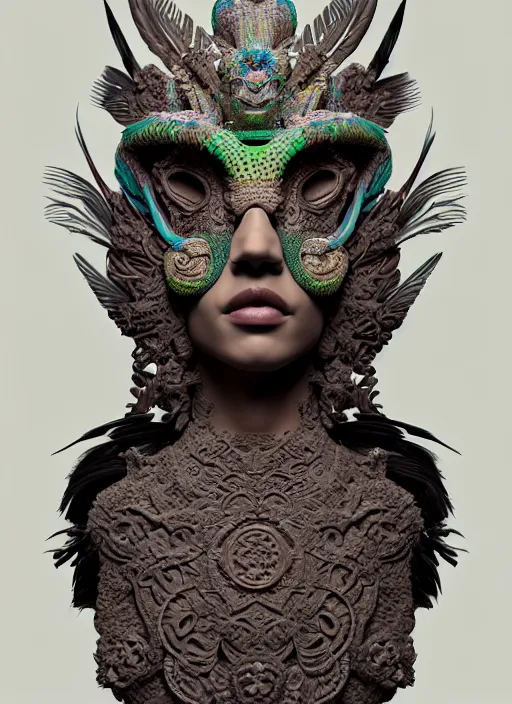 Image similar to 3 d mexican goddess medium shot portrait. beautiful intricate highly detailed quetzalcoatl mask and feathers. low - key lighting, bioluminescent, plasma, lava, ice, water, wind, creature, artwork by tooth wu and wlop and beeple and lee jeffries, 8 k trending on artstation,