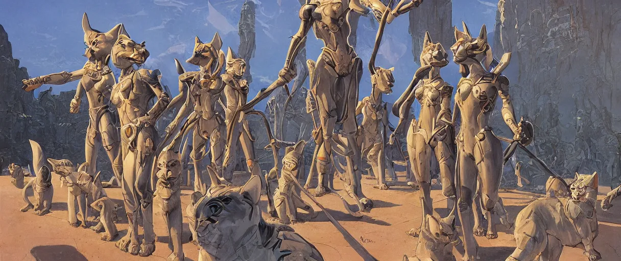 Prompt: A beautiful illustration of anthropomorphic Feline warriors statues by Robert McCall and Ralph McQuarrie | sparth:.1 | Graphic Novel, Visual Novel, Colored Pencil, Comic Book:.2 | unreal engine:.5 | establishing shot