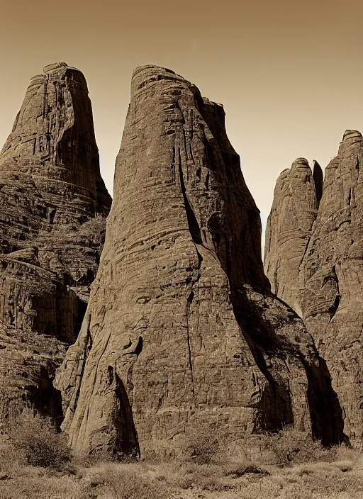 Image similar to Line wrawing by John Wesley Powell of towering rock formations carved by the wind, surrounded by sparse vegetation, sepia toned, Smithsonian American Art Museum.