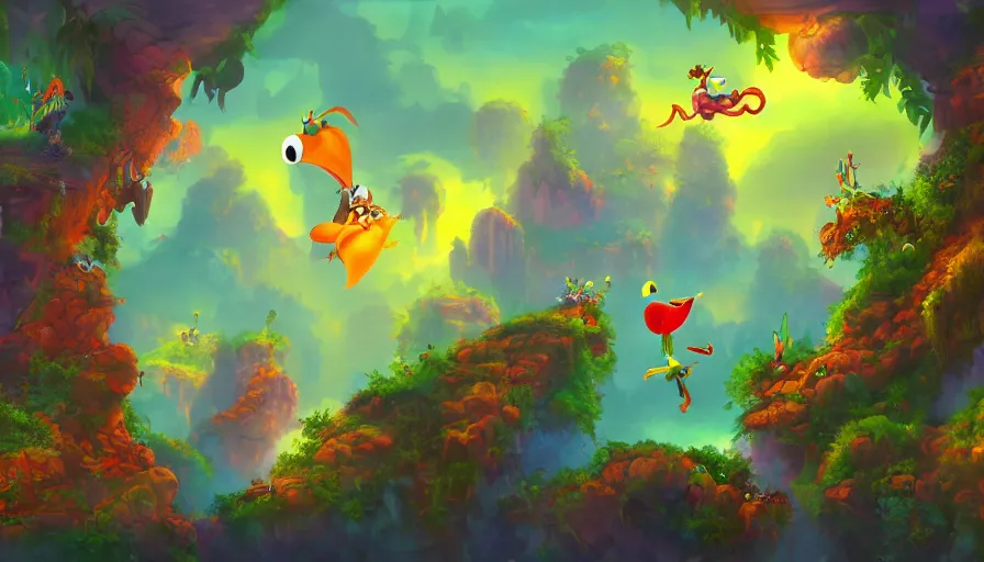 Prompt: landscape painting for animation in the style of rayman game, environment design, lively, joyful, colorful, jungles, cities, highly detailed