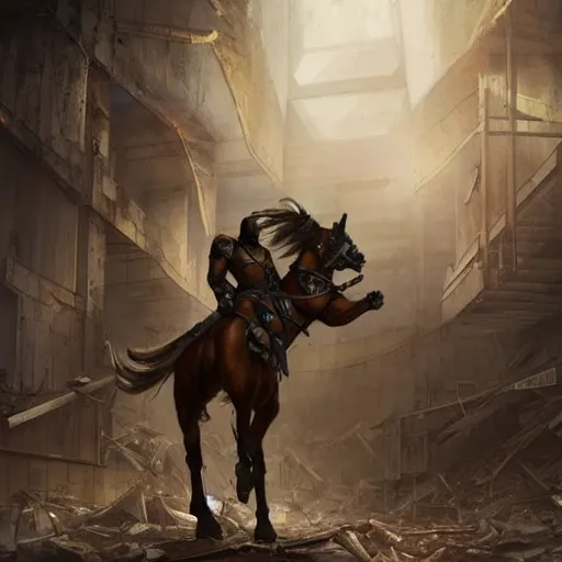 Prompt: a hyper - muscular anthro horse wearing tactical gear standing in the ruins of a facility, equine, magnificently muscular physique, dynamic pose, highly detailed, digital painting, artstation, concept art, illustration by artgerm, greg rutkowski