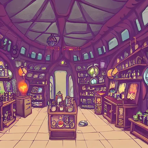 Prompt: inside a magical item shop, fantasy potion vendor interior, ufotable studio art style, wide angle, gothic interior,