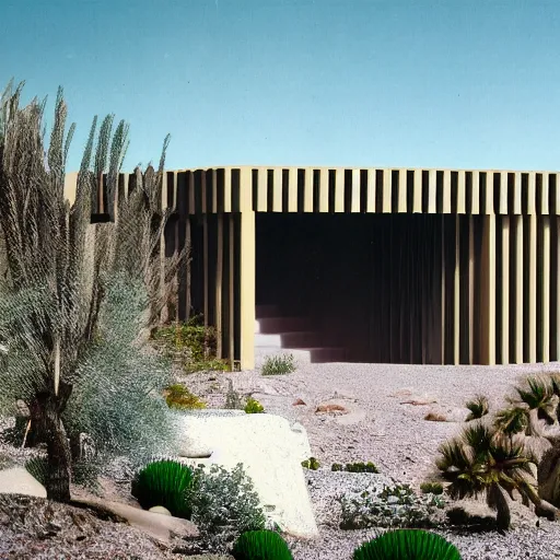 Image similar to architectural rendering of biophilia brutalism building in the desert, pool, garden