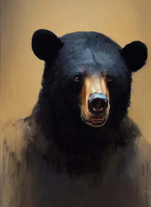 Image similar to portrait painting of anthropomorphic black bear by jeremy mann, only one head single portrait