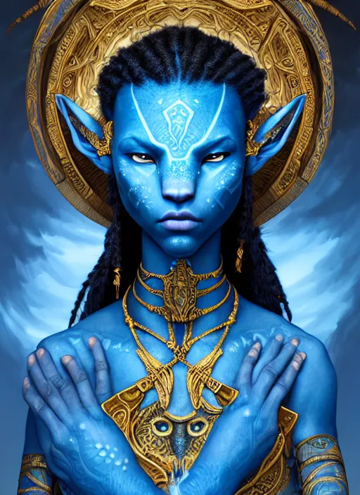 Image similar to : blue avatar, fantasy magic,, intricate, sharp focus, illustration, highly detailed, digital painting, concept art, jahbu art and paul lewin and kehinde wiley, james cameron masterpiece