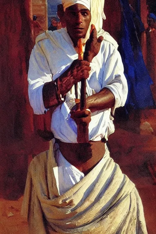 Image similar to a closer hero portrait of a live nubian temple guard with very piercing blue eyes, incredibly charismatic. in old egypt. masterpiece, dramatic light and shadow, saturated colors, ciaroscuro. painted by anders zorn
