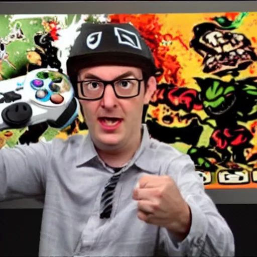 Image similar to angry video game nerd destroying and smashing consoles