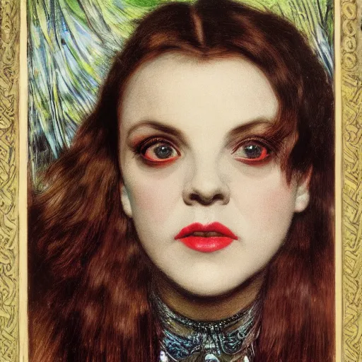 Image similar to portrait of a hybrid of a hybrid of judy garland and lady gaga and christina ricci, with downward slanting eyes, with a brown fringe, holman hunt, john william waterhouse, kilian eng, rosetti, john everett millais, william holman hunt, 4 k