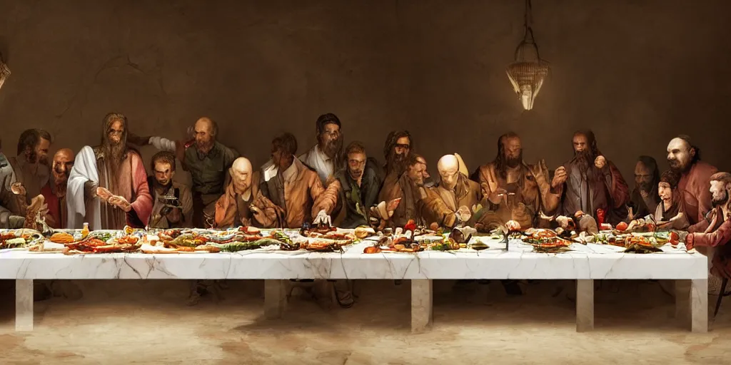 Image similar to !13 hungry cannibals making a rich salad around a marble table, !positioned as last supper cinematic lighting, dramatic framing, idilic, fantasy, highly detalied, 4k, artstation, by Wayne Barlowe