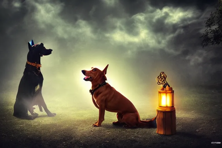 Image similar to dog wizard casting a magic spell, fantasy, majestic pose, dramatic lighting, cinematic scene