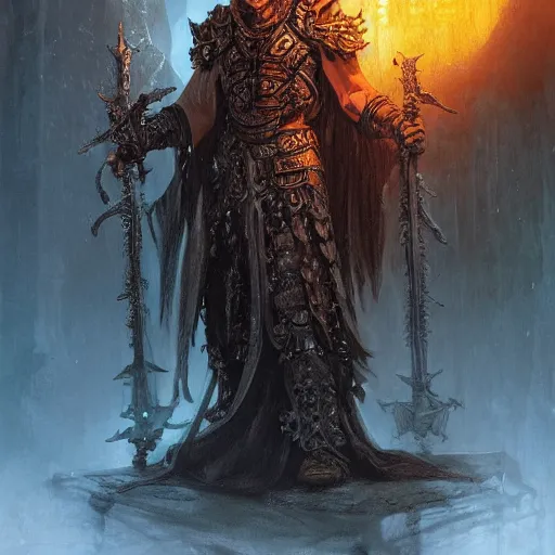 Image similar to !dream Male necromancer wearing pauldrons made from skulls on spikes and a flowing robe, D&D, fantasy, intricate, cinematic lighting, highly detailed, digital painting, artstation, concept art, smooth, sharp focus, illustration, art by Artgerm and Greg Rutkowski and Alphonse Mucha