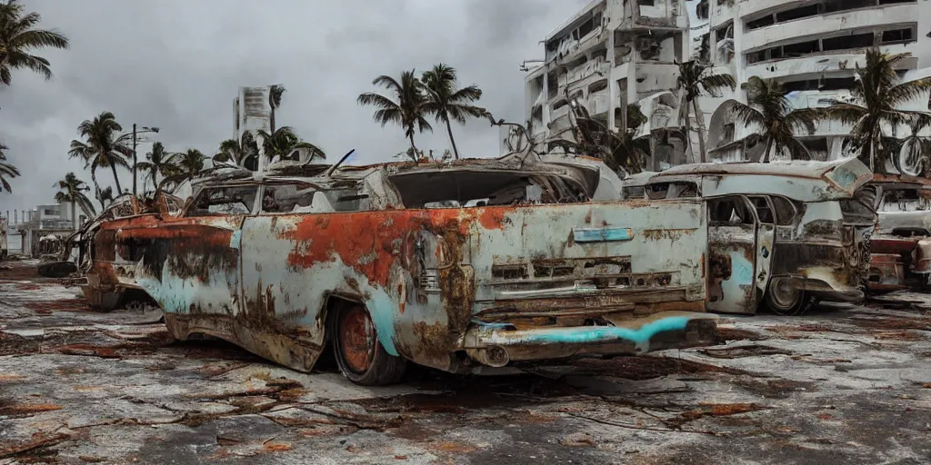 Image similar to wide angle shot of dilapidated fallout 5 miami, tropical coastal city, desolate, dilapidated, some rusted retro futuristic vintage parked vehicles like cars, buses, trucks, trams, slight overcast weather, fog, volumetric lighting, photorealistic, daytime, autumn, sharp focus, ultra detailed,