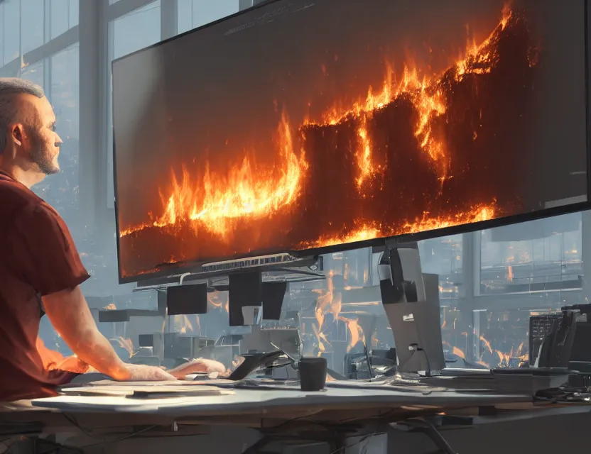 Image similar to a man sit at a workstation in a big office and looks at the burning fires, close up, featured in artstation, intricate, ultra detailed, unreal engine, concept art, wide - angle lens, sharp focus, illustration, 8 k