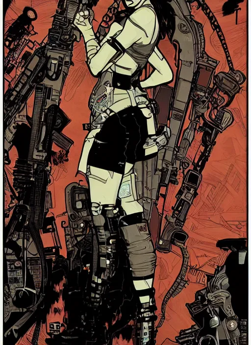Prompt: the feminist. cyberpunk assassin. portrait by ashley wood and alphonse mucha and laurie greasley and josan gonzalez. illustration, pop art, cinematic. realistic proportions. moody industrial setting. artstationhq