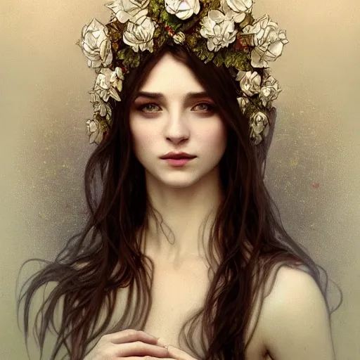 Prompt: portrait of very beautifull girl, thorn rose crown, thorn everywhere, headshot, pale skin, 4k, rule of thirds, extreme detail, detailed drawing, trending artstation, hd, fantasy, D&D, realistic lighting, by Alphonse Mucha, Greg Rutkowski, sharp focus, backlit, bright white hair, elegant