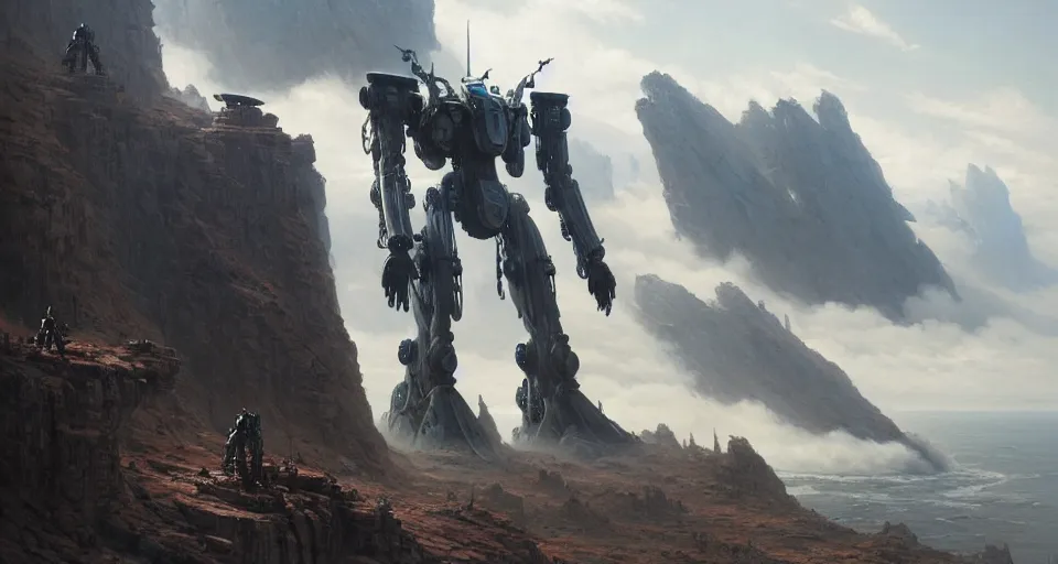 Image similar to hyper realistic sci - fi matte concept art painting of mecha on a cliff overlooking a raging battle, beautiful details, strong composition painted by kim jung guweta studio rutkowski, james gurney and greg rutkowski, and lucasfilm, smooth, intricate, detailed, sharp focus, cinematic