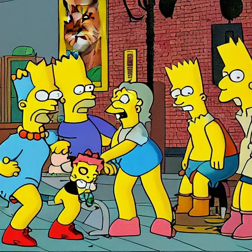 Image similar to cat hunter hunting the simpsons, painting style